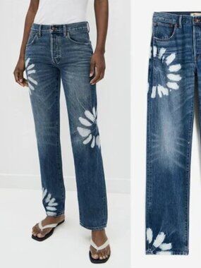Madewell The Dean Easy Straight Leg Flower denim JEANS Size 30 Blue Shibori Wash